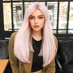 Pink With Curtain Bangs Straight long 24