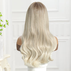 Platinum Blonde with Brown Roots and Curtain Bangs Long Curly 26