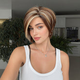 Caramel Toffee Brown with Blonde Highlights Layered Pixie Bob 8