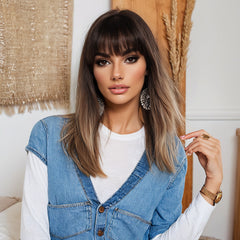 Light Brown with Bangs Straight Medium 14