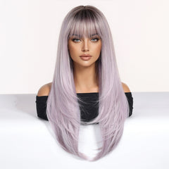 Lavender Grey Long Layered Straight with Bangs 26