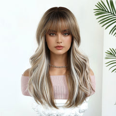 Rooted Beige Blonde Long Wavy Hair with Bangs 20