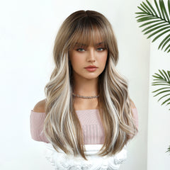 Rooted Beige Blonde Long Wavy Hair with Bangs 20