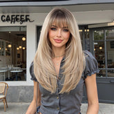 Rooted Beige Blonde Long Layered Straight with Bangs 22