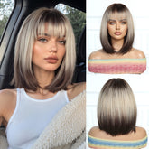 Dark Brown Roots to Ash blonde with Bangs Bob-Style Medium 12
