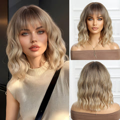 Brown Roots to Sandy Brown Bob-Style Wavy 12