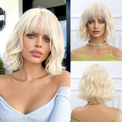 Platinum Blonde with Bangs Medium Bob-Style Curly 10