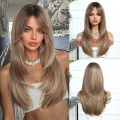 Dark Brown Roots to Sandy Brown with Bangs Straight 24