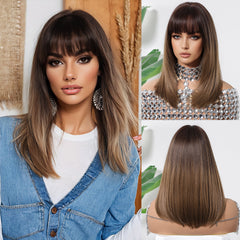 Light Brown with Bangs Straight Medium 14