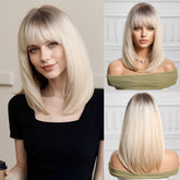 Ash blonde with Bangs Straight Medium 14