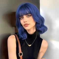 Blue with Bangs Bob-Style Wavy Medium 10
