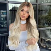 Platinum Blonde with Brown Roots and Curtain Bangs Long Curly 26