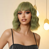 Green with Bangs Bob-Style Wavy 10
