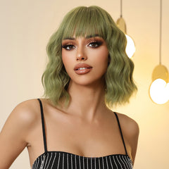 Green with Bangs Bob-Style Wavy 10