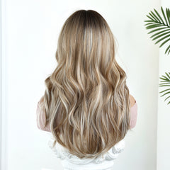 Rooted Beige Blonde Long Wavy Hair with Bangs 20