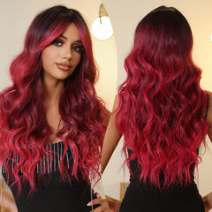 Ruby Red with Dark Roots Curtain Bangs Long Wavy 26