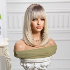 Ash blonde with Bangs Straight Medium 14