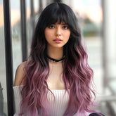 Dark Brown to Purple with Bangs Wavy Long 24