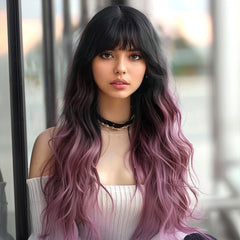 Dark Brown to Purple with Bangs Wavy Long 24
