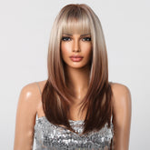 Blonde to Brown with Bangs Straight Long 24