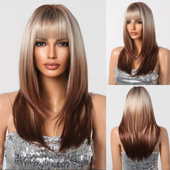 Blonde to Brown with Bangs Straight Long 24