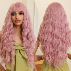 Pastel Pink with Bangs Long Wavy 26