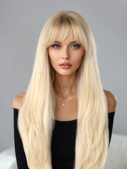 Platinum Blonde with Brown Roots Long Straight with Bangs 26