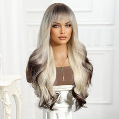 Blonde roots to Dark Brown End with Bangs Long Curly 26