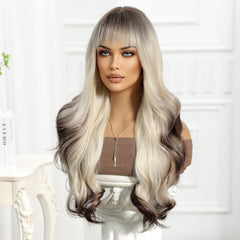 Blonde roots to Dark Brown End with Bangs Long Curly 26