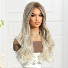 Platinum Blonde with Brown Roots and Curtain Bangs Long Curly 26