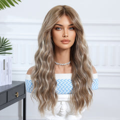 Ash Blonde with Bangs Long Wavy 24