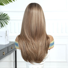 Dark Brown Roots to Sandy Brown with Bangs Straight 24