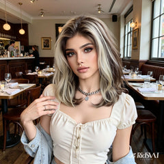 AuraTress 100% Human Hair Ash Blonde Lob with Dark Root 11