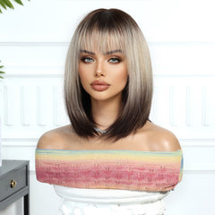 Dark Brown Roots to Ash blonde with Bangs Bob-Style Medium 12