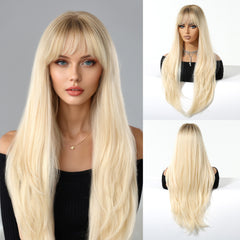 Platinum Blonde with Brown Roots Long Straight with Bangs 26