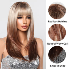 Blonde to Brown with Bangs Straight Long 24