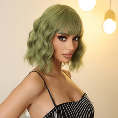 Green with Bangs Bob-Style Wavy 10