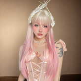 White Pink Ombre Long Straight with Bangs 26