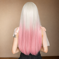 White Pink Ombre Long Straight with Bangs 26