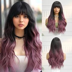 Dark Brown to Purple with Bangs Wavy Long 24