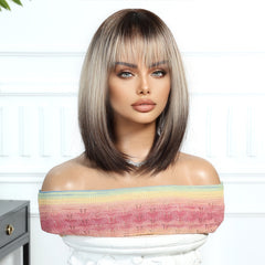 Dark Brown Roots to Ash blonde with Bangs Bob-Style Medium 12