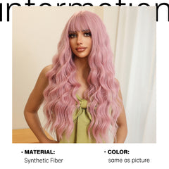 Pastel Pink with Bangs Long Wavy 26