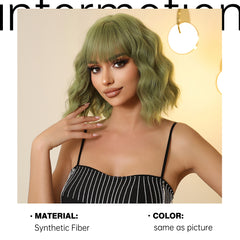 Green with Bangs Bob-Style Wavy 10