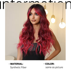 Ruby Red with Dark Roots Curtain Bangs Long Wavy 26