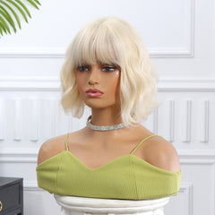 Platinum Blonde with Bangs Medium Bob-Style Curly 10