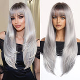 Silver with Brown Roots and Bangs Long Straight 28