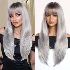 Silver with Brown Roots and Bangs Long Straight 28