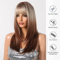 Champagne Blonde Ombre Brown Long Straight with Bangs 24