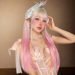 White Pink Ombre Long Straight with Bangs 26
