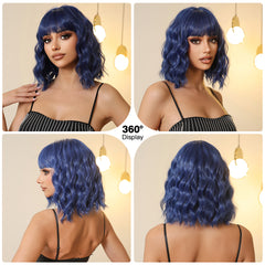 Blue with Bangs Bob-Style Wavy Medium 10